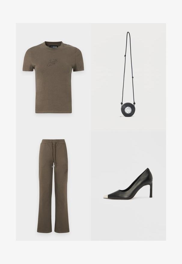 T-shirt marron uni à manches courtes avec encolure ronde et initiales brodées discrètes « H K » sur la poitrine.; Pantalon de survêtement marron à jambes larges avec taille élastique, cordon de serrage ajustable et détail brodé subtil sur la partie supérieure de la cuisse gauche.; Chaussure à talon haut en cuir noir avec bout pointu et capuchon argenté métallique. Présente une finition lisse et un talon fin de 10 cm.; Sac bandoulière rond noir avec une sangle ajustable et un motif géométrique monochrome au centre, présenté sur fond blanc.