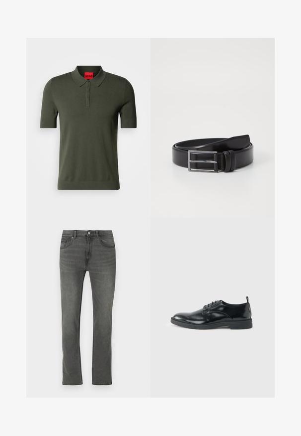 Polo de manga corta en color verde oliva, hecho de tejido de punto. Presenta un cuello suave, una botonera de tres botones y una etiqueta de logo roja en el cuello.; Vaqueros de mezclilla gris con corte recto, cinco bolsillos y cierre frontal de botones. La tela tiene una textura sutil con un ligero desgaste.; Zapato de vestir negro de cuero brillante con tacón bajo, cierre de cordones y puntera redonda, mostrado de lado sobre un fondo claro y liso.; Cinturón de cuero negro con una textura lisa, que presenta una hebilla rectangular de plata y un detalle de doble pasador. Diseño clásico y versátil.