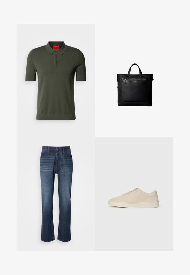 Polo de manga corta en color verde oliva, hecho de tejido de punto. Presenta un cuello suave, una botonera de tres botones y una etiqueta de logo roja en el cuello.; Jeans de denim con un diseño de pierna recta, lavado medio, estilo de cinco bolsillos y cierre de botón. La tela tiene una textura suave con un leve desteñido.; Zapatilla baja de ante beige con cordones, punta redonda y suela de goma gruesa, mostrada en perfil lateral derecho sobre un fondo blanco.; Bolsa tote negra con asas dobles, gran bolsillo delantero de cuero con cremallera y sutil logo de Calvin Klein en el centro del bolsillo.