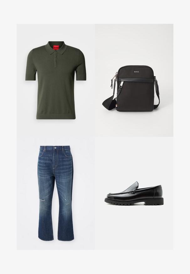 Polo de manga corta en color verde oliva, hecho de tejido de punto. Presenta un cuello suave, una botonera de tres botones y una etiqueta de logo roja en el cuello.; Jeans de mezclilla azul de corte acampanado con ligero desgaste en ambas rodillas y cierre de botón en la cintura, mostrados sobre un fondo blanco.; Mocasín de cuero negro con suela de goma gruesa, empeine cosido y nombre de la marca en relieve en el talón, mostrado en perfil lateral sobre fondo blanco.; Bolso bandolero negro con un tejido texturizado, logo en la parte frontal, cierre de cremallera y correa ajustable. Presenta un ribete de cuero suave.