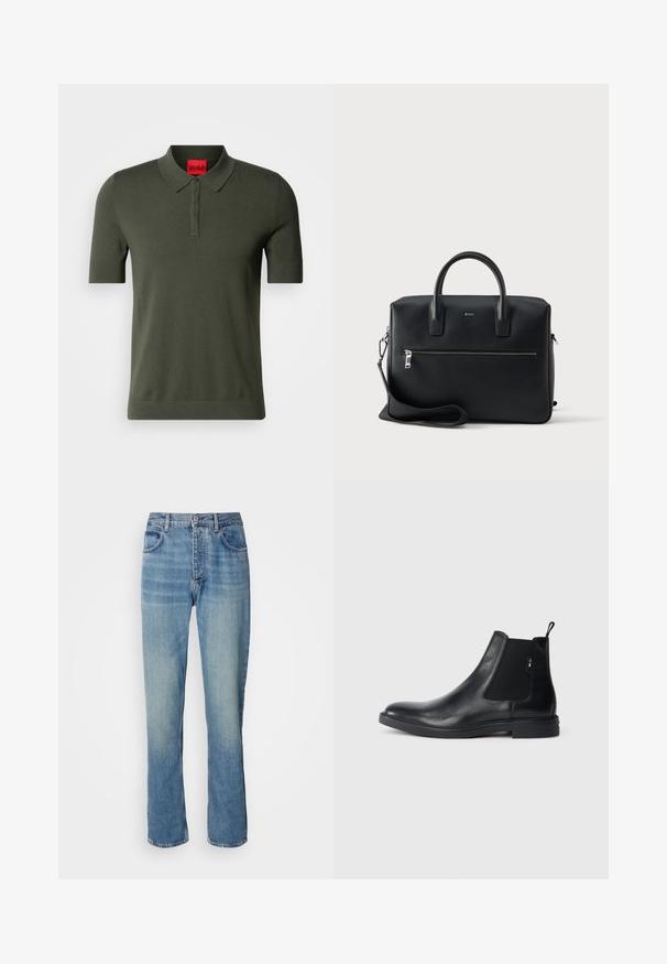 Polo de manga corta en color verde oliva, hecho de tejido de punto. Presenta un cuello suave, una botonera de tres botones y una etiqueta de logo roja en el cuello.; Jeans de denim de pierna recta en azul claro con una cintura alta, cierre frontal de botón y cremallera, y diseño de cinco bolsillos.; Botines Chelsea de cuero negro con paneles elásticos laterales, una pestaña para tirar y una suela de goma plana. Textura suave con un detalle mínimo.; Bolso de mano de cuero negro con dos asas, una correa de hombro desmontable y un bolsillo delantero con cremallera. Presenta una superficie texturizada y un detalle sutil del logo.