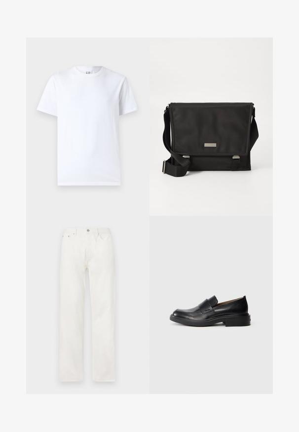 T-shirt en coton blanc avec un col rond et des manches courtes. Design simple sans motifs ni graphiques, avec le logo GAP sur le col.; Jean en denim blanc coupe droite avec poches avant, passants pour ceinture et fermeture par bouton à la taille, présenté sur un fond uni.; Chaussure habillée noire en cuir, à enfiler, avec un petit talon et un logo Calvin Klein discret sur le côté, présentée de profil sur un fond blanc.; Sac messager noir en nylon avec une finition mate. Il dispose d'une fermeture à rabat, d'une sangle réglable et d'une petite plaque en métal avec logo.