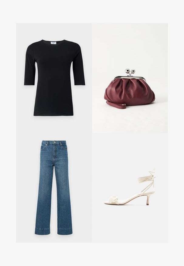 Haut noir à manches longues fabriqué en tissu doux et extensible. Dispose d'un col rond et d'une silhouette ajustée avec des manches de longueur intermédiaire.; Des jeans en denim bleu à jambes larges présentent une taille haute, un design à cinq poches et un ourlet effiloché. Le tissu a une texture lisse avec une légère décoloration.; Sandale à talon bas de couleur crème avec des liens à nouer autour de la cheville et une large bride torsadée sur les orteils, sur un fond blanc uni.; Petit sac pochette en cuir bordeaux avec fermoir métallique argenté et bracelet sur fond blanc.