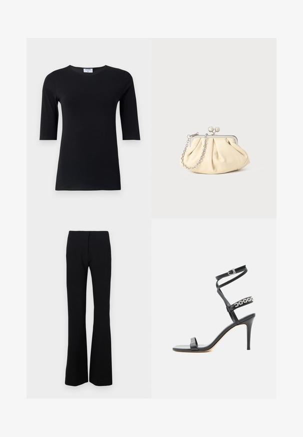 Haut noir à manches longues fabriqué en tissu doux et extensible. Dispose d'un col rond et d'une silhouette ajustée avec des manches de longueur intermédiaire.; Pantalons noirs évasés en tissu extensible avec une texture lisse et une taille ajustée. Aucune fermeture visible ni motifs.; Sandale noire à talon haut avec fine bride à la cheville, bride médiane décorée de maillons de chaîne argentés, et design à bout ouvert.; Pochette en cuir beige plissé avec un cadre en métal argenté, dotée de deux fermoirs ronds décoratifs et d'une chaîne en argent.