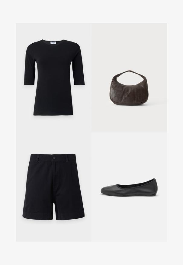 Haut noir à manches longues fabriqué en tissu doux et extensible. Dispose d'un col rond et d'une silhouette ajustée avec des manches de longueur intermédiaire.; Shorts en coton bleu marine foncé avec une fermeture à bouton, des poches latérales et une coupe droite, présentant une texture lisse et un design épuré.; Ballerines en cuir noir avec un bout rond, texture lisse, détails de couture minimalistes et design de semelle flexible.; Petit sac à main marron foncé texturé avec une courte bandoulière et un fond arrondi sur un fond clair uni.