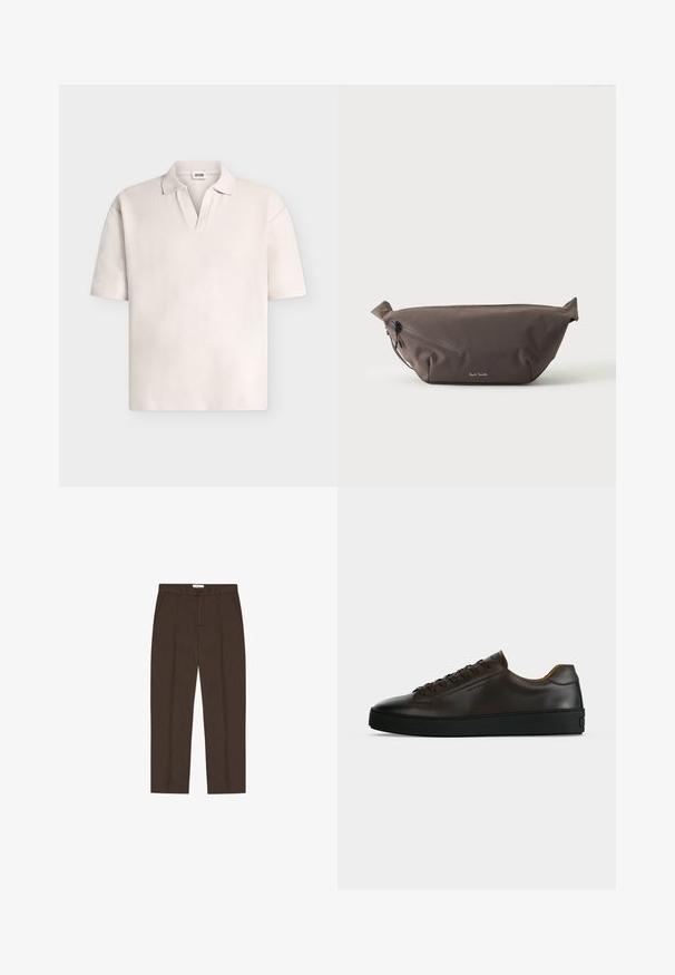 Polo à manches courtes, beige clair, en tissu texturé, col en V ouvert sans boutons visibles, présenté sur un fond uni.; Pantalon marron sur mesure avec jambe droite, passants de ceinture, poches avant, bouton à l'avant et fermeture éclair.; Baskets basses en cuir marron foncé avec semelle en caoutchouc noire, lacets à l'avant et design minimaliste épuré sur fond clair.; Sac banane en tissu marron foncé avec poche zippée en diagonale et petit logo blanc sur le devant, sur un fond clair uni.