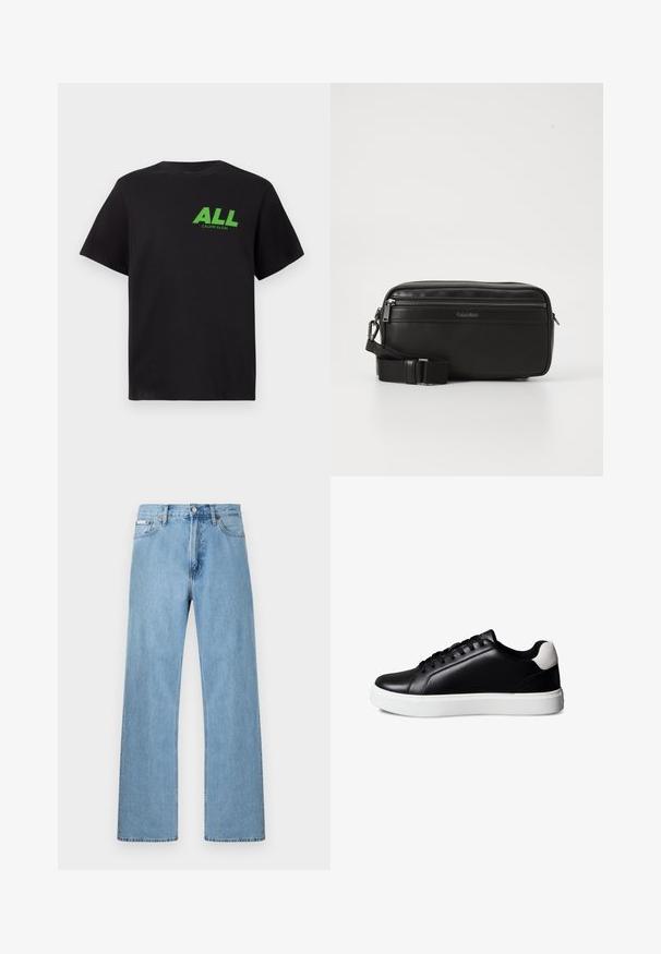 Sort kortærmet T-shirt med grøn "ALL" tekst og mindre "Calvin Klein" logo trykt på den øverste venstre bryst.; Lyseblå straight-leg jeans i denim med fem-lomme-design og knaplukning i taljen, vist mod en ensfarvet baggrund.; Sort læder sneaker med lavt snit, sorte snørebånd, hvid gummisål og hvid ruskindshæl, vist i sideprofil på hvid baggrund.; Sort læder crossover taske med en lynlåslomme, tekstureret overflade, justerbar rem og Calvin Klein-branding på forsiden.