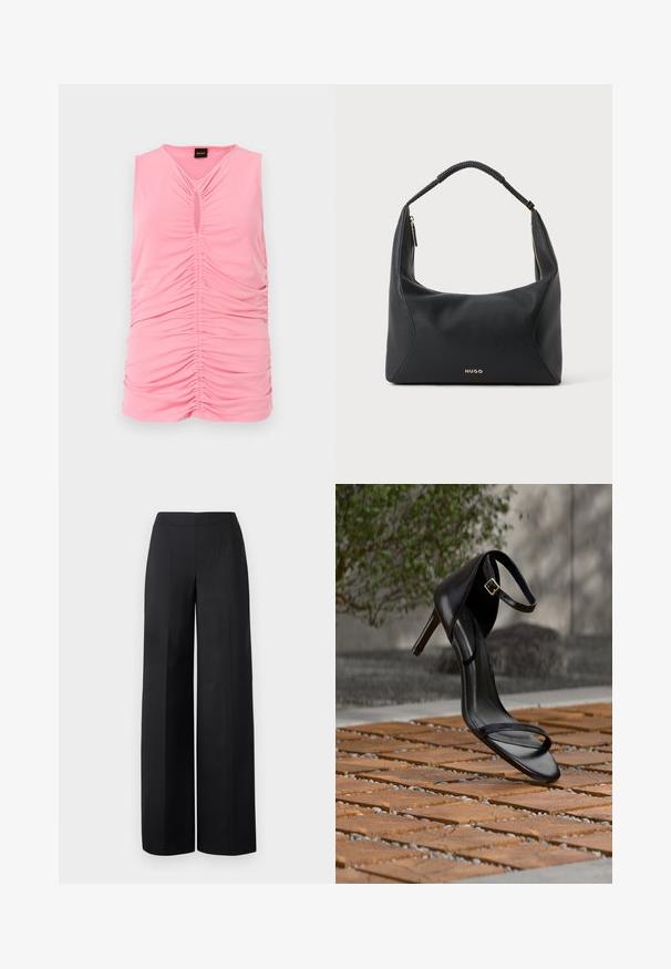 Ærmeløs pink top lavet af blødt stof, med rynket tekstur og en nøglehuludskæring ved halsen. Glat, tætsiddende design.; Sorte brede benbukser lavet af glat stof. Har en høj talje og rene, lige linjer uden synlige lommer eller pynt.; Sort højhælet sandal med ankelsnor, der ser ud til at svæve over et trægulv udendørs med sløret grønt og sten i baggrunden.; Sort skuldertaske i læder med flettet hank, guldlåsdetalje og lille gyldent "HUGO"-logo på fronten midt.