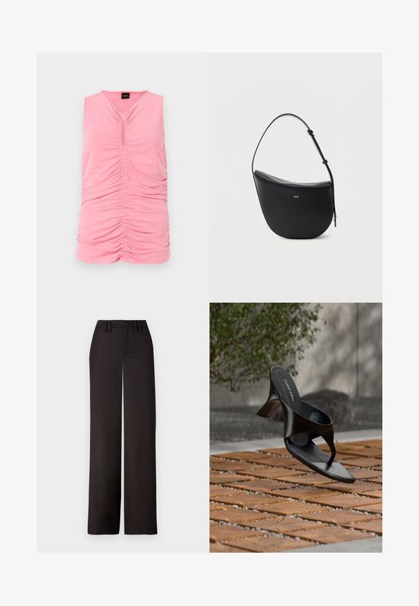 Ærmeløs pink top lavet af blødt stof, med rynket tekstur og en nøglehuludskæring ved halsen. Glat, tætsiddende design.; Sorte vidde bukser med flad front, bæltesløjfer og en glat tekstur, designet til en skræddersyet pasform. Ingen synlig hardware eller mønstre.; Sort Calvin Klein hæl-sandal med åben tå, der svæver over en udendørs flisebelagt overflade med grønne planter og en betonvæg i baggrunden.; Sort halv-måne skuldertaske i læder med justerbar rem og guld "BOSS"-logo centreret foran.