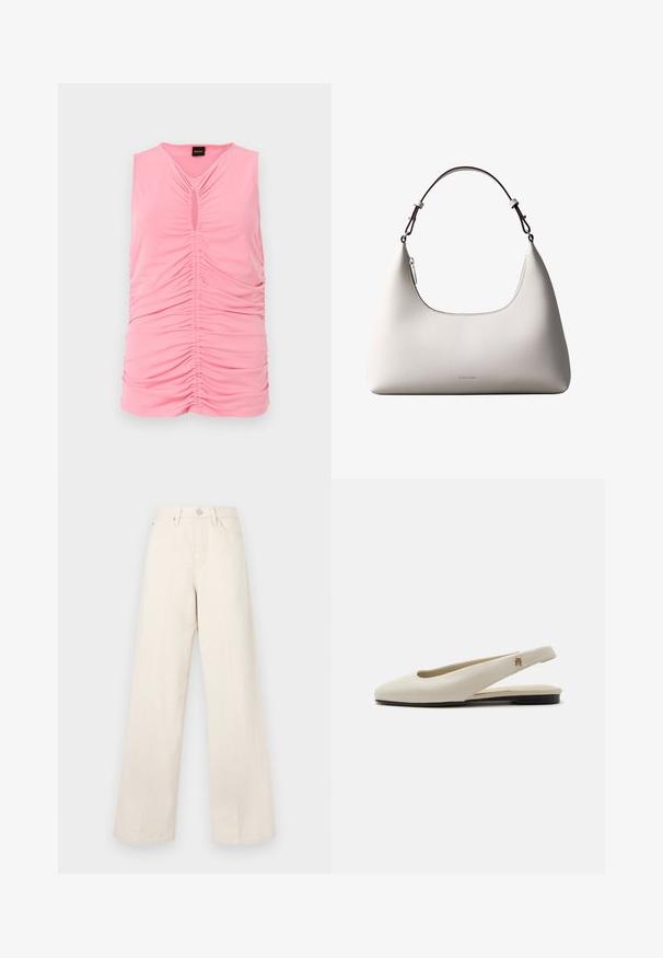 Ærmeløs pink top lavet af blødt stof, med rynket tekstur og en nøglehuludskæring ved halsen. Glat, tætsiddende design.; Beige vide benbukser med høj talje, lavet af et blødt, tekstureret stof. Har en knapåbning og forlommer for funktionalitet.; Flatsko i cremefarvet læder med rundet tå og lille guldemblem på remmen.; Cremefarvet skuldertaske i læder fra Calvin Klein med buet topkant, sølvfarvet lynlås og mørkebrun justerbar rem.