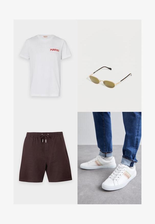 Camiseta de algodón blanca con un bolsillo bordado en rojo que dice "MARNI" en el lado izquierdo del pecho y mangas cortas. Textura suave, escote redondo clásico.; Pantalones cortos informales marrones con cintura elástica y cordón con puntas metálicas, fabricados con un tejido ligero.; Zapatillas de cuero blancas con rayas multicolores, diseño de cordones, suela de goma y cuello acolchado, combinadas con jeans de mezclilla azul.; Gafas de sol ovaladas con montura de metal dorado y varillas de patrón carey oscuro sobre fondo blanco.