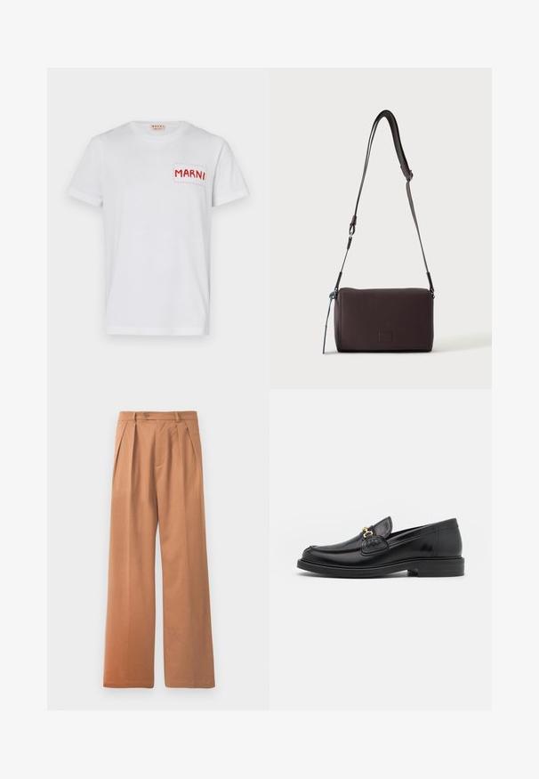 Weißes Baumwoll-T-Shirt mit einer rot gestickten Tasche mit "MARNI" auf der linken Brust und kurzen Ärmeln. Glatte Textur, klassischer Rundhalsausschnitt.; Beige weit geschnittene Hose mit flachem Frontdesign, Falten und einem einzelnen Knopfverschluss an der Taille. Glatte Textur und knöchellanges Design.; Schwarze Lederleter mit einer abgerundeten Zehenpartie, ausgestattet mit goldenen Hardwareakzenten und Stichdetails, auf einer niedrigen, strukturierten Gummisohle.; Dunkelbraune, strukturierte Leder-Crossbody-Tasche mit verstellbarem Riemen und kleinem dekorativen blauen Akzent an der Seite.