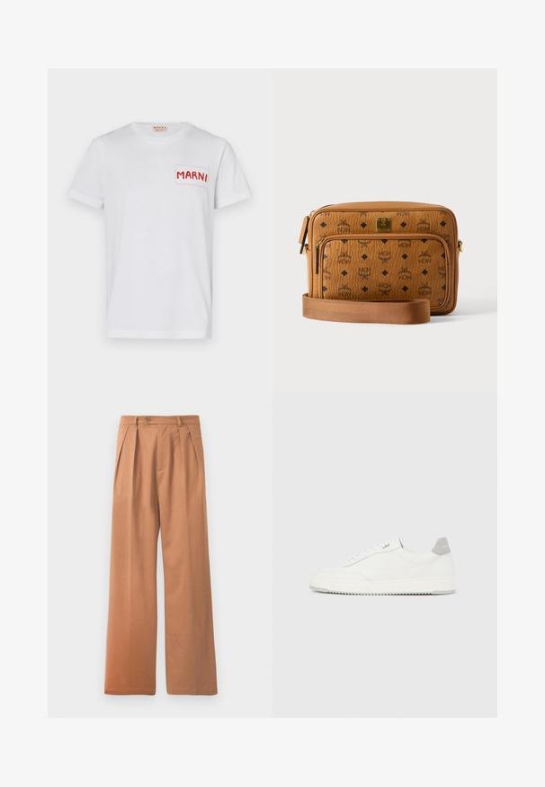 Witte katoenen t-shirt met een rode gestikte zak met "MARNI" op de linkerkant van de borst en korte mouwen. Gladde textuur, klassieke ronde halslijn.; Beige wijde broek met een platte voorkant, plooien en een enkele knoopsluiting bij de taille. Gladde textuur en volledige lengte.; Witte lage sneaker met grijze hielpatch, witte veters en een gestructureerde zool, gepresenteerd op een effen lichte achtergrond.; Lichte leren crossbodytas met zwarte MCM-logo's, voorvak met ritssluiting, gouden plaatje en verstelbare stoffen riem op witte achtergrond.