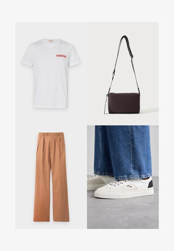 T-shirt en coton blanc avec une poche rouge brodée portant "MARNI" sur le côté gauche de la poitrine et des manches courtes. Texture lisse, col rond classique.; Pantalons larges beiges avec une taille plate, des plis et une fermeture à un bouton à la taille. Texture lisse et design longueur complète.; Baskets blanches et noires avec une tige en cuir lisse, des accents texturés et une semelle épaisse blanche. Présentent un design classique à lacets.; Sac bandoulière en cuir marron foncé texturé avec une sangle réglable et un petit accent décoratif bleu sur le côté.