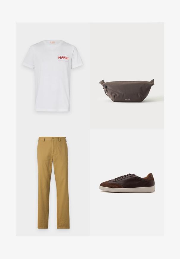 Weißes Baumwoll-T-Shirt mit einer rot gestickten Tasche mit "MARNI" auf der linken Brust und kurzen Ärmeln. Glatte Textur, klassischer Rundhalsausschnitt.; Beige Baumwollhosen mit geradem Schnitt, Vorderseiten-Taschen und Knopfverschluss. Glatte Textur und minimalistisches Design, keine sichtbaren Muster.; Low-Top brauner Leder- und Veloursledersneaker mit dunkelbraunen Schnürsenkeln und weißer Gummisohle, von der Außenseite gezeigt.; Dunkelbraune Stoff-Gürteltasche mit diagonalem Reißverschlussfach und kleinem weißen Logo vorne, vor einem einfarbigen hellen Hintergrund.
