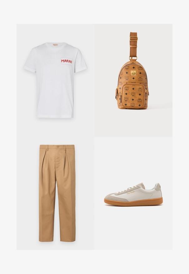 T-shirt en coton blanc avec une poche rouge brodée portant "MARNI" sur le côté gauche de la poitrine et des manches courtes. Texture lisse, col rond classique.; Pantalons en coton beige avec une coupe décontractée, un design plissé, une taille avec fermeture à bouton, et une coupe droite. Texture lisse sans motifs.; Baskets basses blanches et beiges avec semelle en caoutchouc, lacets blancs, détails en daim et logo doré "Paul Smith" sur le côté.; Petit sac bandoulière en cuir beige avec bandoulière réglable, poche zippée à l'avant et motif répété du logo noir MCM.