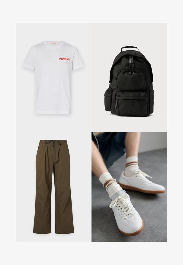Camiseta de algodón blanca con un bolsillo bordado en rojo que dice "MARNI" en el lado izquierdo del pecho y mangas cortas. Textura suave, escote redondo clásico.; Pantalones casual de color verde oliva con cintura elástica y cordón delantero, corte recto y ajuste holgado.; Zapatillas de cuero blanco con una textura suave, detalles en gamuza gris, suelas de goma beige y cordones planos. Combinadas con calcetines a rayas en tonos crema y marrón.; Mochila negra de nylon con varios compartimentos con cremallera y un asa superior, mostrada sobre un fondo claro y liso.