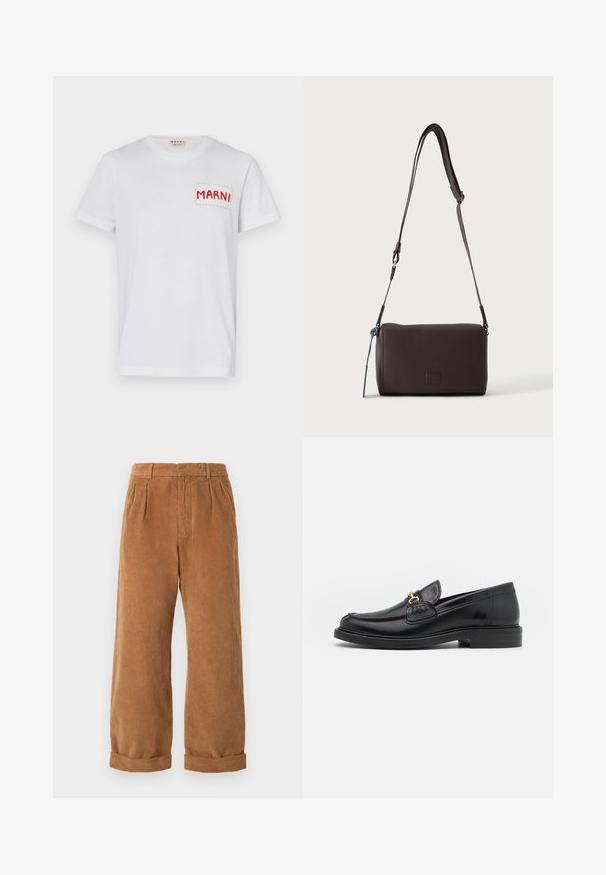 Witte katoenen t-shirt met een rode gestikte zak met "MARNI" op de linkerkant van de borst en korte mouwen. Gladde textuur, klassieke ronde halslijn.; Bruine corduroy broek met een wijd model, voorzien van voorplooien en opgerolde zomen. De stof heeft een gestructureerd, geribbeld uiterlijk.; Zwarte leren instappers met een ronde neus, voorzien van een gouden hardware accent en stikdetails, geplaatst op een lage, getextureerde rubberen zool.; Donkerbruine gestructureerde leren crossbodytas met verstelbare riem en klein decoratief blauw accent aan de zijkant.