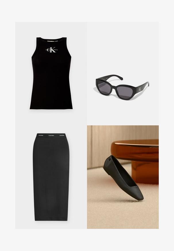 Čierny rebrovaný top bez rukávov s okrúhlym výstrihom a logom "Calvin Klein Jeans" potlačeným bielou farbou na prednej strane.; Čierna ceruzková sukňa po lýtka s elastickým pásom ozdobená bielymi logami Calvin Klein.; Čierna balerína so špičatou špičkou ležiaca na béžovom koberci pri okrúhlom jantárovo sfarbenom stole v minimalistickom zariadení miestnosti.; Čierne slnečné okuliare so štýlovým, uhlyzovaným dizajnom, tmavými sklami a kontrastným strieborným logom po stranách. Hladká plastová textura.