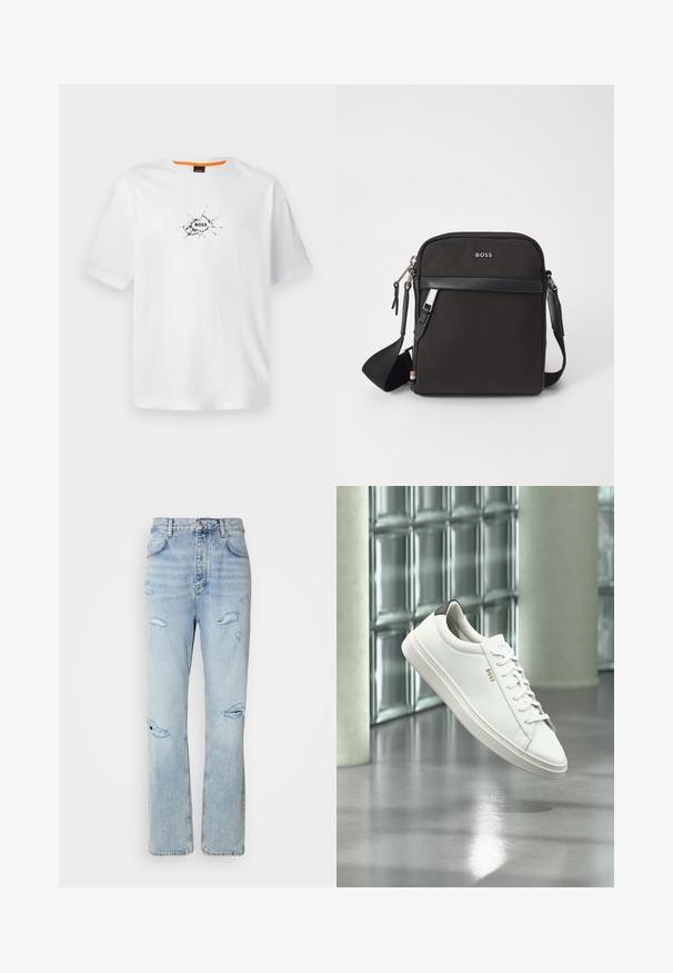 Witte katoenen t-shirt met een ronde hals, voorzien van een zwart gebarsten ontwerp en het woord "BOSS" in het midden. Korte mouwen.; Licht gewassen denim jeans met een ontspannen pasvorm, voorzien van versleten plekken en rafelige randen. De stof heeft een zachte, gladde textuur.; Witte leren lage sneaker met veters, zwarte hielstrook en "BOSS"-logo, zwevend binnenshuis bij een glazen stenen muur en gepolijste vloer.; Zwarte schoudertas van textuurstof, met logo aan de voorkant, ritssluiting en verstelbare schouderband. Voorzien van een gladde leren rand.