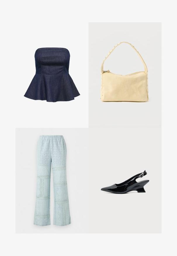 Top peplum sans manches en denim foncé avec un bodice ajusté et un ourlet évasé. Texture lisse avec des coutures nettes. Aucun matériel visible.; Pantalon large bleu clair avec taille élastique et motif complexe en patchwork de dentelle sur toute la surface.; Chaussure slingback en cuir verni noir avec bout pointu et petit talon bloc incliné sur fond clair uni.; Petit sac à main en cuir beige avec une seule bandoulière et des clous argentés le long des bords et de la bandoulière, posé sur un fond uni.