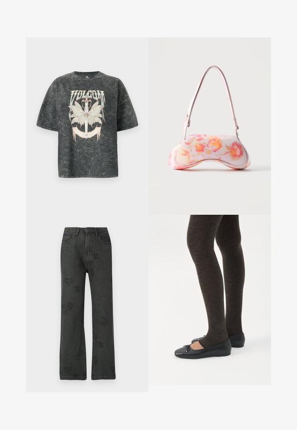 Volcom VOLTRIP TEE - T-shirt imprimé - vintage black; Jean large noir avec des imprimés floraux, de cœurs et de papillons décolorés, fermeture à bouton à l'avant, et design à cinq poches.; Jambes portant des leggings côtelés foncés associés à des ballerines noires avec de petits détails en nœud sur fond blanc.; Petit sac à main à la forme courbée présentant un motif floral rose et orange et une bandoulière unique sur fond uni.