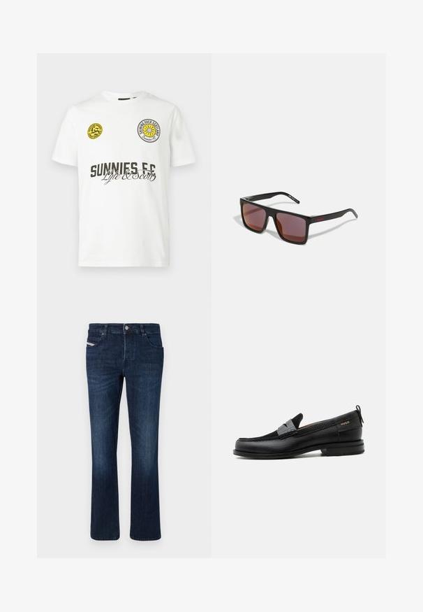 Camiseta blanca de manga corta con texto negro "SUNNIES FC", escrito "Lyle & Scott" y dos logos circulares amarillos en el pecho.; Jeans de mezclilla en azul oscuro con un corte recto. Presentan cinco bolsillos, un cierre con botón de metal y un sutil bordado en el bolsillo trasero.; Mocasín de cuero negro con detalle de tira gris, tacón bajo y suela texturizada, con la marca "HUGO" en oro en el lateral.; Gafas de sol rectangulares negras con lentes de color rojo oscuro, con un acabado mate y un logo rojo en la patilla. Montura de plástico resistente.