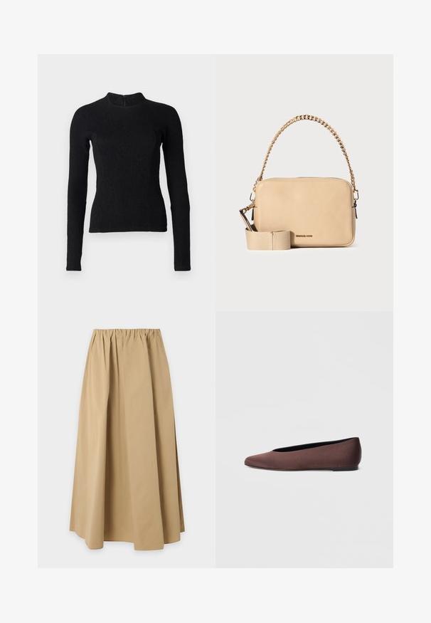 Top noir à manches longues avec une coupe ajustée, en tissu texturé, et un col montant. Dispose d'une fermeture éclair dissimulée dans le dos.; Jupe beige longueur genoux avec taille élastiquée froncée, en tissu uni et lisse, présentée sur un fond clair uni.; Ballerines en tissu marron avec un bout pointu et une texture lisse, dotées d'un talon bas et d'une fine semelle noire. Aucune motif ni élément métallique visible.; Sac bandoulière en cuir beige texturé avec poignée chaîne dorée et bandoulière en tissu beige détachable, petit logo au centre devant.