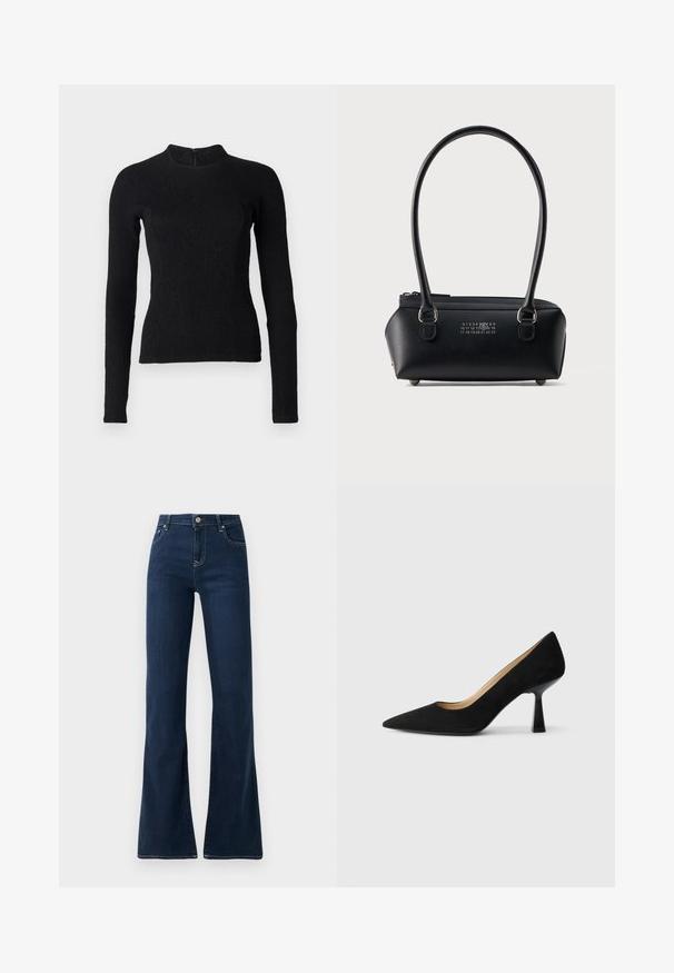 Zwarte lange mouwen top met een strakke pasvorm, textuurstof en een hoge halslijn. Voorzien van een verborgen rits aan de achterkant voor sluiting.; Donkerblauwe flared jeans met een hoge taille, gemaakt van denimstof. Bevat twee voorkruiken en contrasterende stiksels langs de naden.; Zwarte suède high-heeled pump met een spitse neus, voorzien van een glanzende zwarte blokhak en een gladde binnenvoering.; Zwarte rechthoekige leren handtas met dubbele afgeronde handvatten, ritssluiting aan de bovenkant en wit numeriek logo gecentreerd op de voorkant.