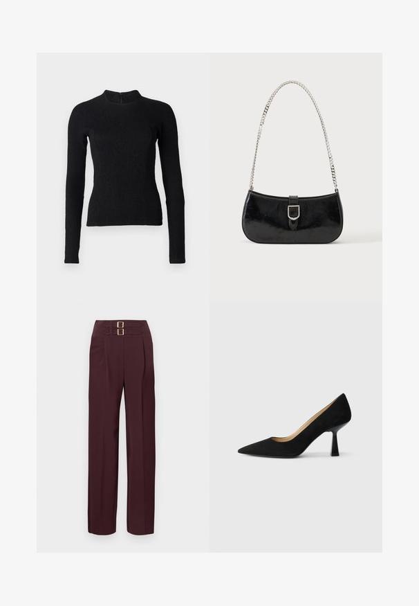 Top noir à manches longues avec une coupe ajustée, en tissu texturé, et un col montant. Dispose d'une fermeture éclair dissimulée dans le dos.; Pantalon taille haute de couleur bordeaux foncé avec deux sangles à boucle dorée en haut et une coupe droite.; Pompe à talons hauts en suède noir avec un bout pointu, dotée d'un talon bloc noir brillant et d'une doublure intérieure lisse.; Sac à épaule en cuir verni noir avec détail de boucle argentée et bandoulière en chaîne argentée, présenté sur un fond uni clair.