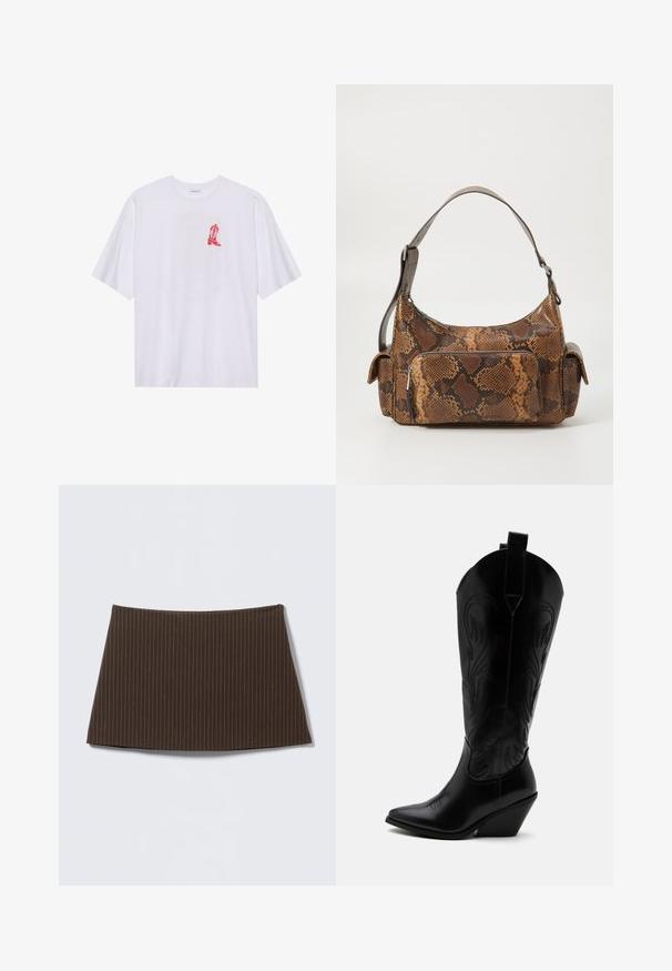 T-shirt en coton blanc à manches courtes, avec un graphique de botte de cowboy rouge sur le côté gauche de la poitrine. Texture douce, coupe décontractée.; Jupe marron à fines rayures, coupe ajustée, texture lisse et ourlet évasé, idéale pour un look sur mesure.; Botte de cowboy en cuir noir avec bout pointu, talon bloc incliné, couture décorative et languettes en haut sur fond blanc.; Sac à main en imitation serpent marron avec une surface texturée, un design arrondi, une bandoulière unique et une poche zippée à l'avant.