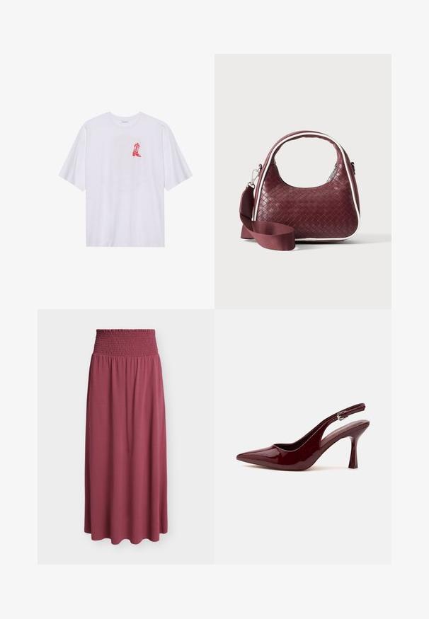 T-shirt en coton blanc à manches courtes, avec un graphique de botte de cowboy rouge sur le côté gauche de la poitrine. Texture douce, coupe décontractée.; Jupe longue de couleur mauve avec une large ceinture élastiquée froncée et un tissu doux et fluide s’étendant jusqu’à l’ourlet.; Chaussure à talon haut slingback rouge foncé brillant à bout pointu, avec une fine bride réglable et un talon aiguille effilé sur fond blanc.; Sac à main en cuir tressé marron foncé avec poignée courbée, garniture blanche, fermeture éclair argentée et bandoulière large en tissu amovible sur fond uni.