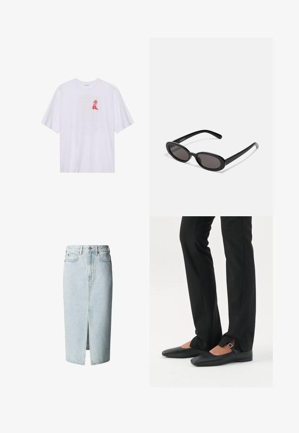 T-shirt en coton blanc à manches courtes, avec un graphique de botte de cowboy rouge sur le côté gauche de la poitrine. Texture douce, coupe décontractée.; Jupe midi en denim bleu clair avec fente devant, passants de ceinture, fermeture par bouton et zip, ainsi que poches avant et arrière.; Jambes vêtues d’un pantalon slim noir avec des fentes à l’avant de l’ourlet, assorties à des chaussures plates Mary Jane noires avec une petite bride à boucle.; Even&Odd by Zalando Lunettes de soleil - black