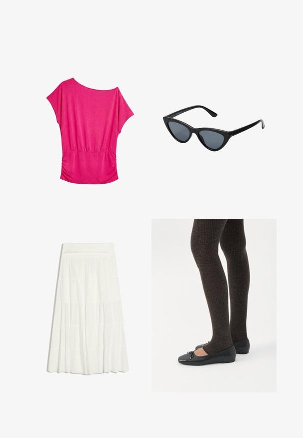 Felroze blouse met korte mouwen, brede boothals en geplooid elastisch detail in de taille, getoond op een witte achtergrond.; Witte lange rok met lagen, voorzien van geplooide stoffen panelen en een brede tailleband, vloeiend en licht uitgaand aan de zoom.; Benen met donkere geribbelde leggings gecombineerd met zwarte ballerina's met kleine strikdetails op een witte achtergrond.; Zwarte cat-eye zonnebril met donkergrijze lenzen, slank plastic frame, puntige hoeken en rechte pootjes. Geen zichtbare hardware of accenten.