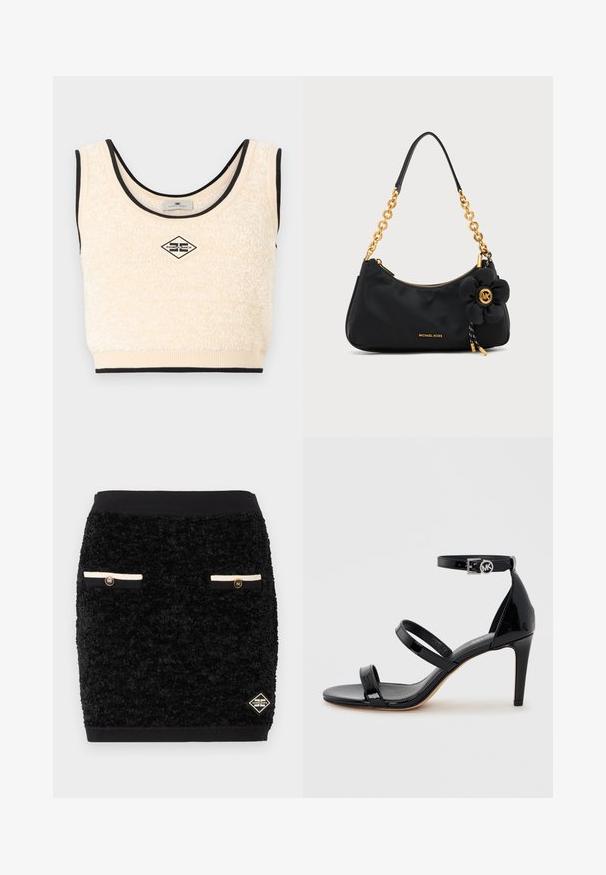 Haut court sans manches en texture crème avec un bord noir et un patch logo en forme de losange centré portant l'inscription "Elisabetta Franchi".; Mini-jupe noire texturée avec deux fausses poches avant ornées de bordures noires et blanches ainsi que de boutons dorés, et un petit écusson logo en forme de losange.; Sandale à talon haut en cuir verni noir avec trois fines lanières et une bride de cheville avec une boucle ronde.; Sac à épaule noir Michael Kors avec bandoulière chaîne dorée, fermeture éclair dorée et un charm fleur noire avec logo MK doré.