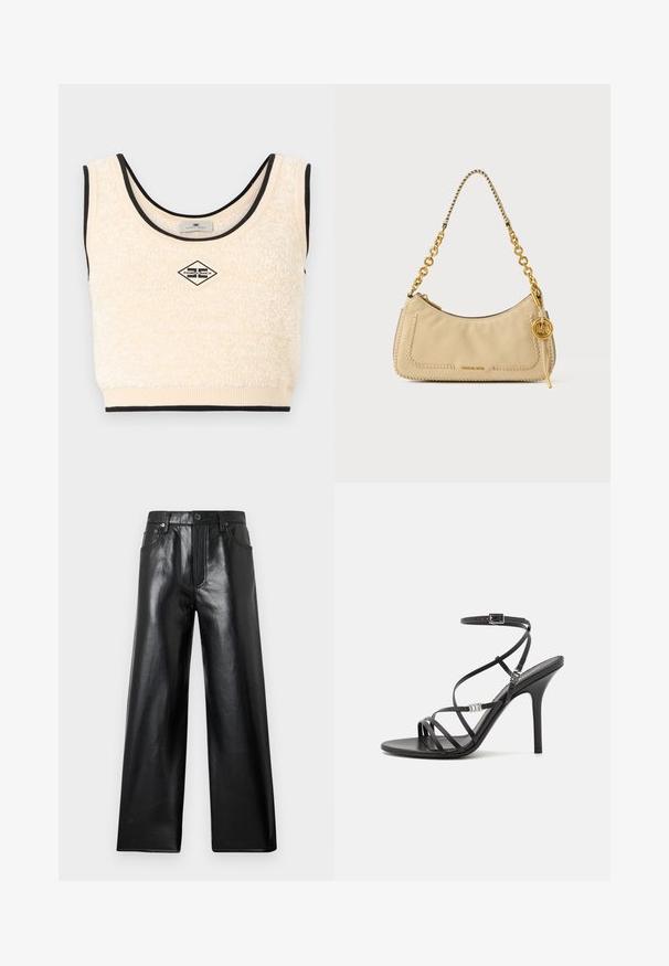Haut court sans manches en texture crème avec un bord noir et un patch logo en forme de losange centré portant l'inscription "Elisabetta Franchi".; Pantalon large en fausse cuir noir à taille haute avec bouton frontal, fermeture éclair et poches à l'avant et à l'arrière sur fond gris clair.; Sandale noire à talons hauts avec des brides fines, une boucle à la cheville, une surface en cuir lisse et un talon aiguille élancé.; Sac à épaule en cuir beige avec bords tressés, bandoulière chaîne dorée et pendentif circulaire doré aux initiales MK.