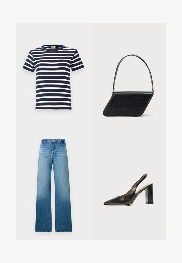 T-shirt rayé bleu marine et blanc en tissu côtelé, avec un col rond et des manches courtes. Le design met l'accent sur les lignes horizontales.; Jean large en denim bleu clair, avec un design classique à cinq poches et une texture en dégradé subtil allant du bleu plus foncé au bleu plus clair.; Chaussure slingback en cuir noir à bout pointu avec un talon bloc haut et une doublure intérieure beige sur un fond clair uni.; Sac d'épaule en cuir noir de forme triangulaire, avec un logo embossé et une seule bandoulière réglable. Design minimaliste avec une texture lisse.