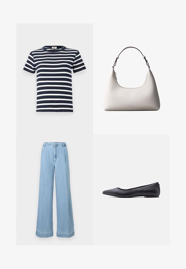T-shirt rayé bleu marine et blanc en tissu côtelé, avec un col rond et des manches courtes. Le design met l'accent sur les lignes horizontales.; Jeans en denim bleu clair à jambe large, avec une taille haute, des plis à l'avant et un ourlet brut pour un look décontracté.; Chaussure plate en cuir noire à bout pointu avec petit talon, vue de profil sur fond blanc.; Sac à bandoulière en cuir couleur crème de Calvin Klein avec bord supérieur incurvé, fermeture éclair argentée et sangle ajustable brun foncé.