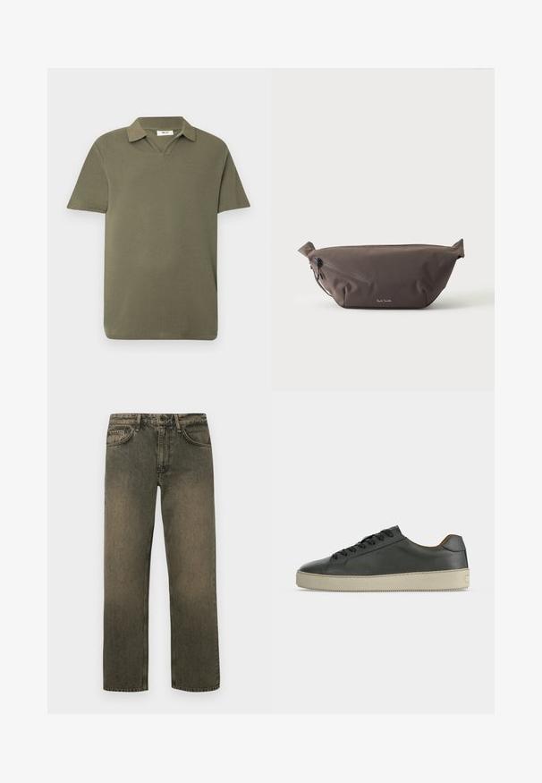 Polo vert olive à manches courtes avec un tissu texturé et un col doux, présenté sur un fond clair uni.; Jeans décontractés vert brun avec une coupe droite, dotés de cinq poches, d'une fermeture à bouton et à glissière, et d'une texture décolorée.; Baskets basses en cuir noir avec lacets noirs et semelle en caoutchouc écrue, vues de côté extérieur sur fond blanc.; Sac banane en tissu marron foncé avec poche zippée en diagonale et petit logo blanc sur le devant, sur un fond clair uni.