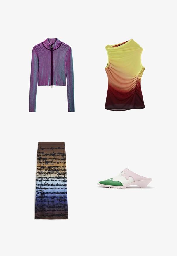 Chaqueta recortada con cremallera y manga larga en un patrón de rayas ribeteadas multicolor que presenta tonos de rosa, púrpura y azul. Detalle de cremallera plateada en la parte delantera.; Top sin mangas con escote asimétrico, los costados fruncidos y colores degradados que van del amarillo al burdeos.; Falda maxi en degradado de marrón a azul con un diseño de texto negro texturizado que parece goteante. El material se ve suave y ligero.; Zapato mule sin cordones con puntera verde puntiaguda, empeine blanco con superposición ondulada rosa y tacón bajo inclinado sobre fondo blanco.