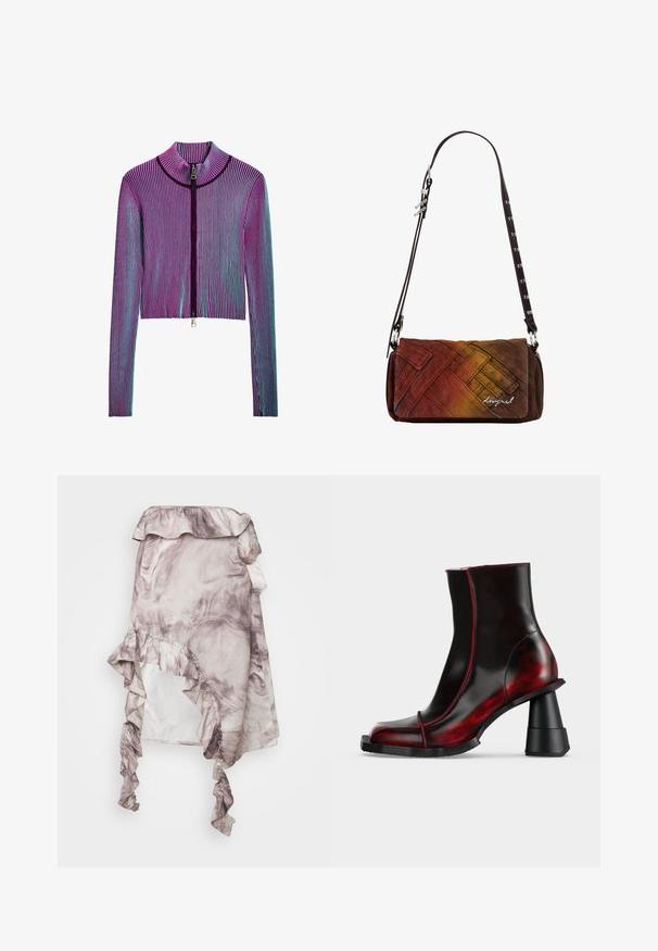 Afkortet jakke med lynlås og lange ærmer i flerfarvet ribbet mønster med pink, lilla og blå striber. Sølv lynlåsdetalje foran.; ROKH MIDI SKIRT RUFFLES - A-snit nederdel - purple; Sort og mørkerødt skinnende ankelstøvle med geometrisk chunky hæl og firkantet tå, vist på en ensfarvet lys baggrund.; Rektangulær crossbody-taske med justerbar mørkebrun rem, der har vævet teksturstof i rød, orange og brun gradient med lille logo.