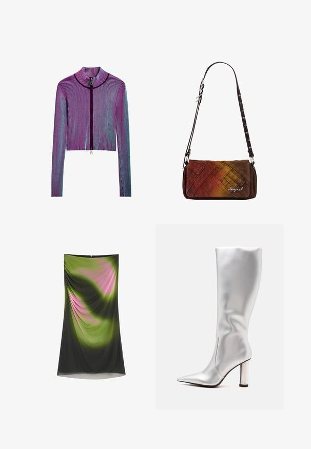 Ingekorte ritsjack met lange mouwen in een meerkleurig geribbeld patroon met roze, paarse en blauwe strepen. Zilveren ritsdetails aan de voorkant.; Kniegekleed zonder bandjes met gedrapeerde stof met een groen en roze abstract patroon dat uitloopt in zwart bij de zoom.; Hoge zilveren laars met hoge hak, puntige neus en cilindrische glanzende hak, afgebeeld op een effen lichte achtergrond.; Rechthoekige crossbodytas met verstelbare donkerbruine riem, voorzien van geweven textiel in een rood-oranje-bruin verloop met klein logo.