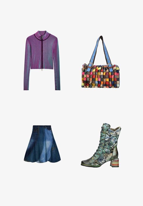 Ingekorte ritsjack met lange mouwen in een meerkleurig geribbeld patroon met roze, paarse en blauwe strepen. Zilveren ritsdetails aan de voorkant.; Denim rok met een patchwork ontwerp in verschillende tinten blauw, uitlopende vorm en een zijzak. Gladde textuur en casual stijl.; Halfhoge veterlaars met bloemenpatroon, meerkleurige gestapelde blokhak en labeltje vlakbij de bovenkant aan de zijkant.; Kleine rechthoekige handtas met gevlochten meerkleurige leren stroken en blauwe leren schouderbanden met metalen gespen.