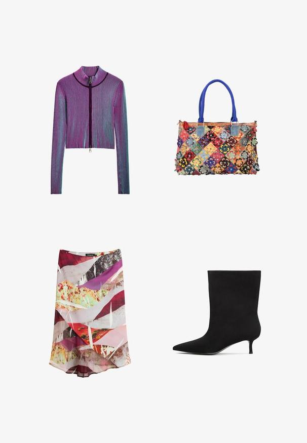 Veste zippée courte à manches longues avec un motif en ribbed multicolore comportant des rayures roses, violettes et bleues. Détail en zip argenté à l'avant.; Jupe midi avec imprimé abstrait multicolore en rouge, rose, violet, jaune et blanc, avec tissu superposé et silhouette subtile en ligne A.; Botte cheville en daim noir avec un bout pointu et un petit talon. Texture lisse et design minimaliste sans motifs ou accents notables.; Sac à main patchwork coloré avec anses bleues, décoré d'appliques florales en cuir multicolore sur fond blanc.