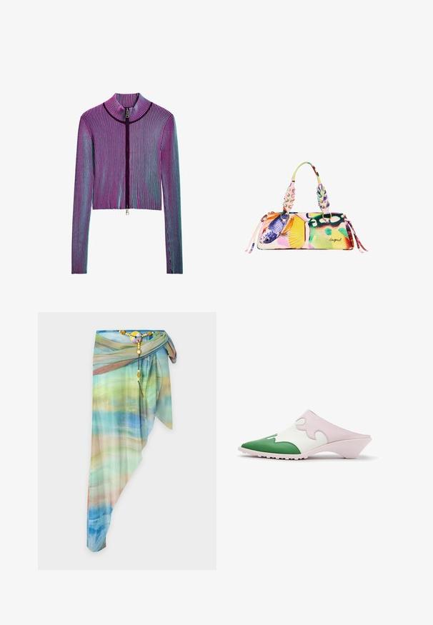 Ingekorte ritsjack met lange mouwen in een meerkleurig geribbeld patroon met roze, paarse en blauwe strepen. Zilveren ritsdetails aan de voorkant.; Asymmetrische doorzichtige wikkelrok met blauw, groen en beige gradientpatroon, vastgemaakt met een decoratieve kralenriem en ronde gesp.; Slip-on mule schoen met puntige groene neus, witte bovenzijde met roze golvend overlay en lage schuine hak op witte achtergrond.; Kleurrijke handtas met vissenprint, dubbele gedraaide handvatten met oogsleuven en zijtassels, rechthoekige vorm, gesigneerd "Desigual" aan de voorkant.