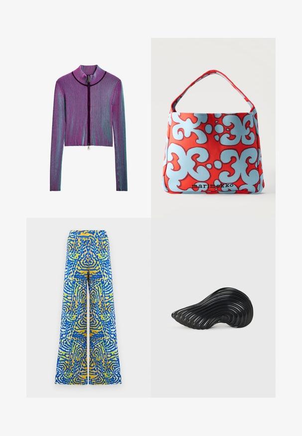 Ingekorte ritsjack met lange mouwen in een meerkleurig geribbeld patroon met roze, paarse en blauwe strepen. Zilveren ritsdetails aan de voorkant.; Wijde broek met een levendig abstract patroon in blauw, geel en wit, met een symmetrisch, golvend ontwerp op een lichte achtergrond.; Melissa QUANTUM - Sneakers laag - black; Rode en lichtblauwe stoffen handtas met abstract bloemendessin en korte handgreep, met het "marimekko"-logo op de voorkant.