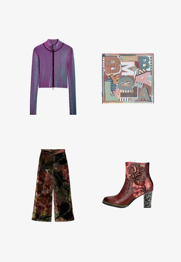 Ingekorte ritsjack met lange mouwen in een meerkleurig geribbeld patroon met roze, paarse en blauwe strepen. Zilveren ritsdetails aan de voorkant.; Wijde fluwelen broek met elastische tailleband en abstracte meerkleurige bloemenprint in donkerrode, groene en zwarte tinten.; Rode leren enkellaars met bloemenontwerp, uitsnijdingen en een geaccentueerde zwarte hak. Multicolor stiksel rond de zool voegt detail toe.; Kleurrijk geweven textiel met grote overlappende letters "B", "M", "Y", "O", "L" en "A" in verschillende gestreepte patronen en kleuren.