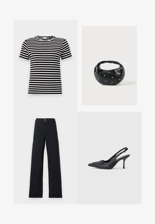 Sort-hvid stribet kortærmet t-shirt med en ribbet tekstur og rund halsudskæring. Striberne er jævnt fordelt over stoffet.; Sorte jeans med høj talje og vide ben, med knap- og lynlåslukning, synlige forlommer, lagt fladt på en hvid baggrund.; Sorte læder slingback stiletto med spids tå, side spændebånd, nitter langs kanten og dekorativ snøring foran.; Sort læderhåndtaske med en rundet form, dekoreret med sølvnitter, og et kort håndtag. Glat tekstur og lynlåslukning.