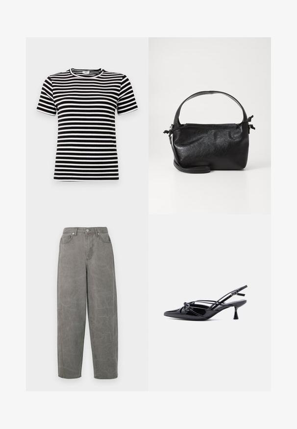 Sort-hvid stribet kortærmet t-shirt med en ribbet tekstur og rund halsudskæring. Striberne er jævnt fordelt over stoffet.; Grå denimbukser med en afslappet pasform, høj talje, fem-lommers design og subtil falmning. Har lynlåsgylp og metalknaplukning.; Sort laklæder slingback-pumpe med spids tå, lav kittenhæl og dekorativ knyttet sløjfedetalje foran.; Sort læderhåndtaske med et struktureret design, rund tophåndtag og aftagelig skulderrem. Den har en glat tekstur og en subtil glans.