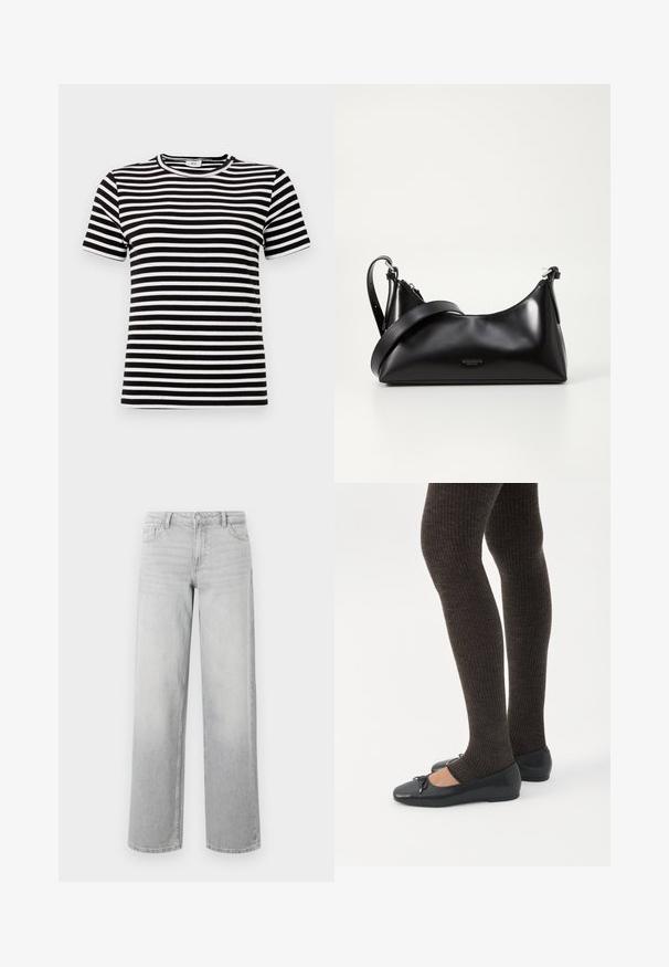 Camiseta de manga corta a rayas en blanco y negro con una textura acanalada y un cuello redondo. Las rayas están espaciadas uniformemente por toda la tela.; Jeans de pierna ancha de color gris claro, confeccionados en denim. Cuentan con cinco bolsillos, cierre de botón y una sutil textura desgastada para un aspecto usado.; Piernas con leggings oscuros acanalados combinados con bailarinas negras que presentan pequeños detalles de lazo sobre un fondo blanco.; Bolso de mano de cuero negro con una textura suave. Cuenta con una correa ajustable y un diseño elegante y minimalista con cierre de cremallera.